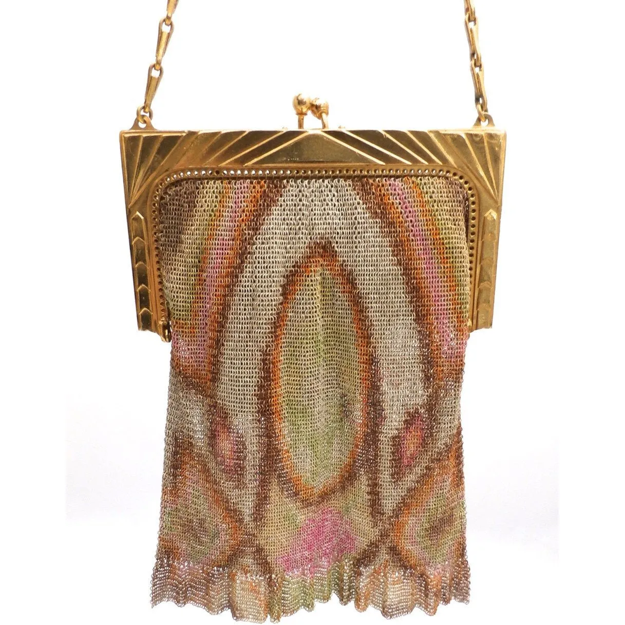 1920S Whiting & Davis Art Deco Pink/Orange Gold  Mesh Purse Vintage