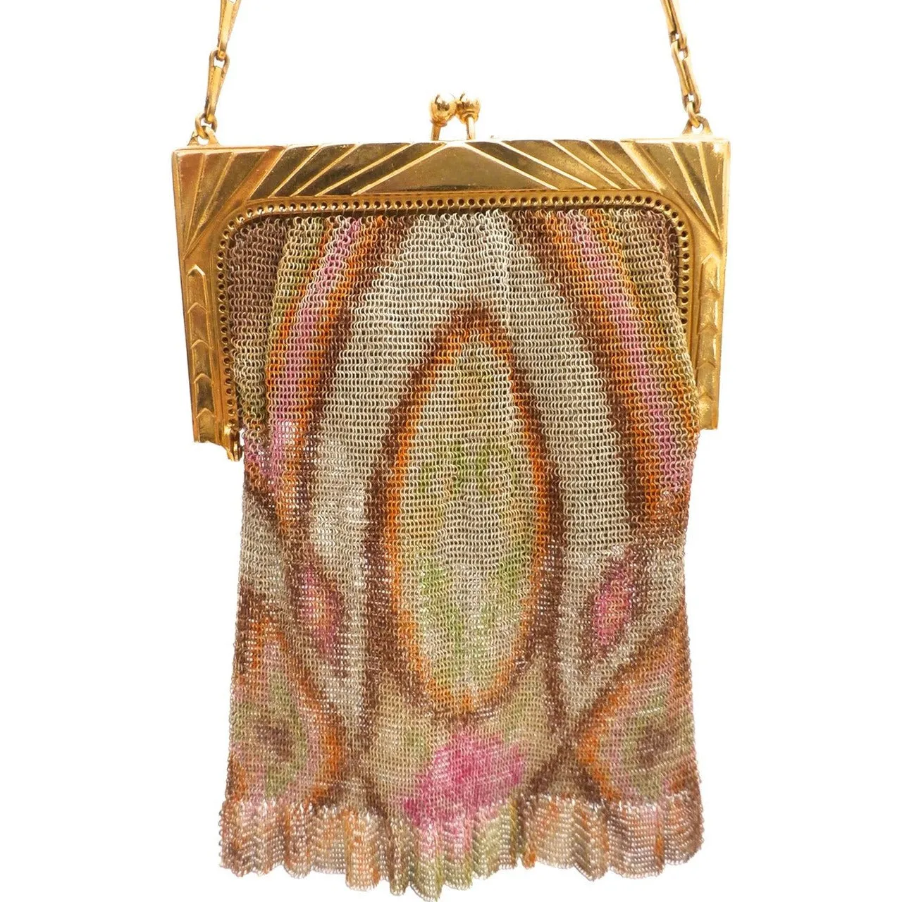1920S Whiting & Davis Art Deco Pink/Orange Gold  Mesh Purse Vintage