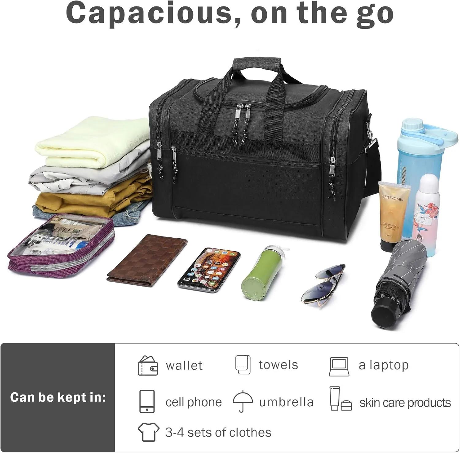 BuyAgain Duffle Bag, 17" Travel Carry On Sport Overnight Weekender Duffel Gym Bag with Adjustable Strap For Men Or Women