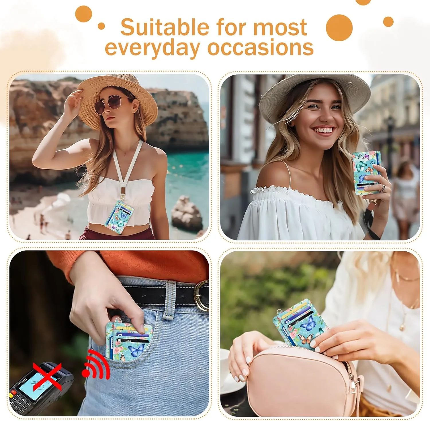 Credit Card Holder Slim Wallet, Butterfly RFID Wallet Women Front Pocket Small Card Holder, Travel Cute Funny Thin Card Case ID Window PU Leather RFID Blocking Card Organizer Gifts Girls
