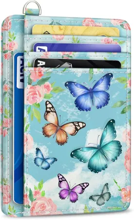 Credit Card Holder Slim Wallet, Butterfly RFID Wallet Women Front Pocket Small Card Holder, Travel Cute Funny Thin Card Case ID Window PU Leather RFID Blocking Card Organizer Gifts Girls