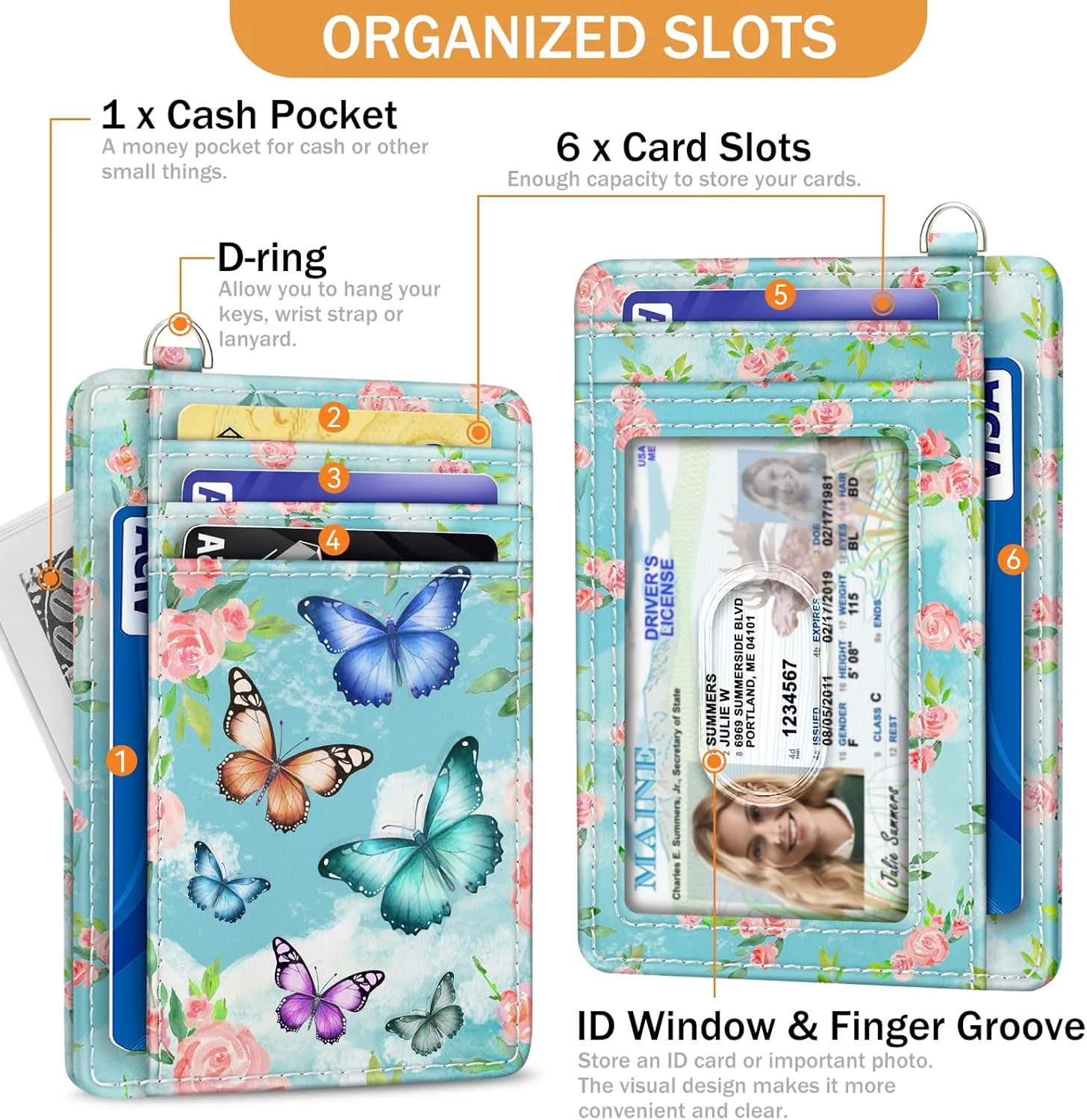 Credit Card Holder Slim Wallet, Butterfly RFID Wallet Women Front Pocket Small Card Holder, Travel Cute Funny Thin Card Case ID Window PU Leather RFID Blocking Card Organizer Gifts Girls