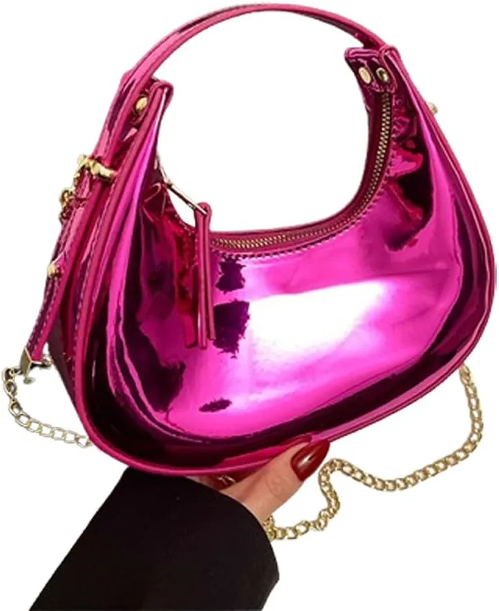 Cute Metallic Purses for Women Stylish Crescent Shoulder Bag Small Gold Crossbody Purse Patent Underarm Moon Bag