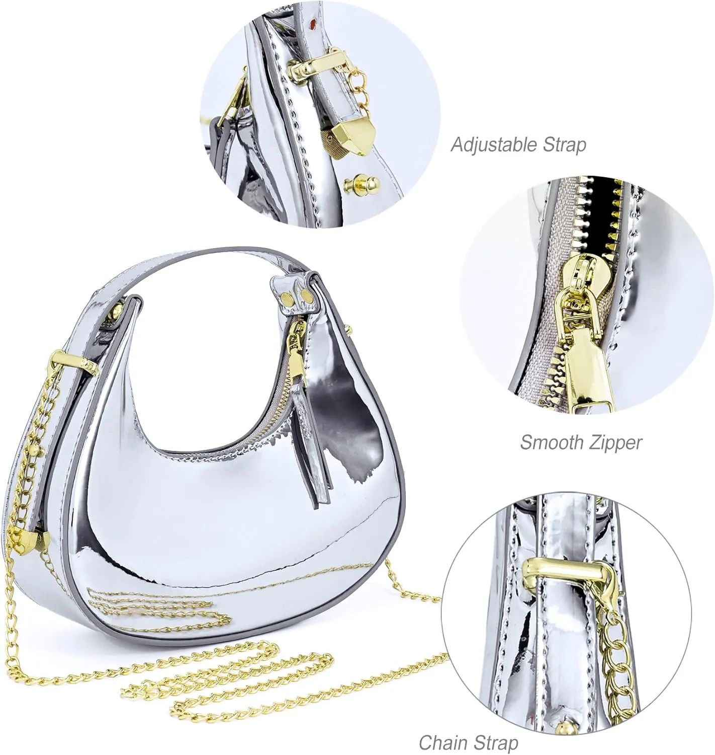 Cute Metallic Purses for Women Stylish Crescent Shoulder Bag Small Gold Crossbody Purse Patent Underarm Moon Bag