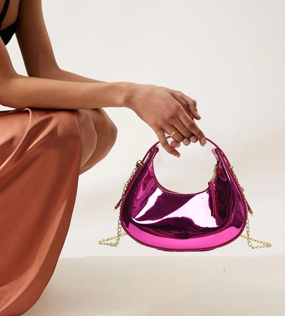 Cute Metallic Purses for Women Stylish Crescent Shoulder Bag Small Gold Crossbody Purse Patent Underarm Moon Bag