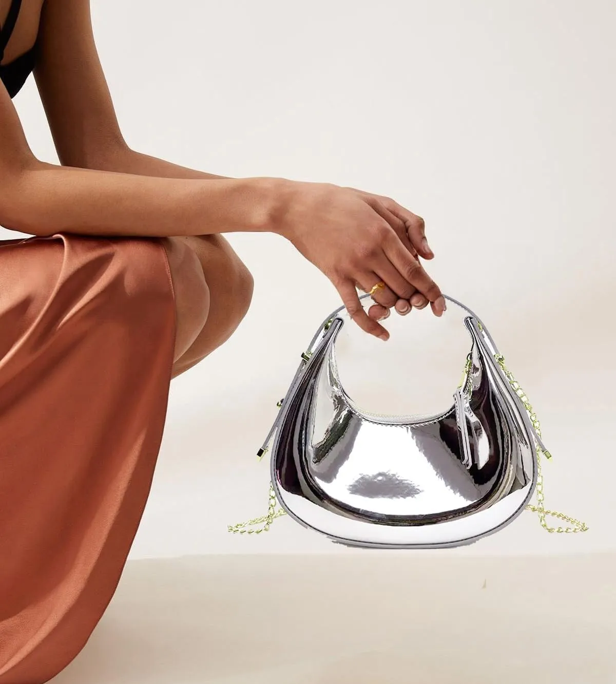 Cute Metallic Purses for Women Stylish Crescent Shoulder Bag Small Gold Crossbody Purse Patent Underarm Moon Bag