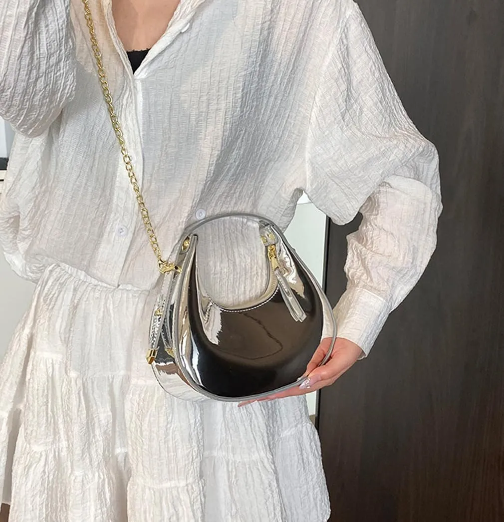 Cute Metallic Purses for Women Stylish Crescent Shoulder Bag Small Gold Crossbody Purse Patent Underarm Moon Bag