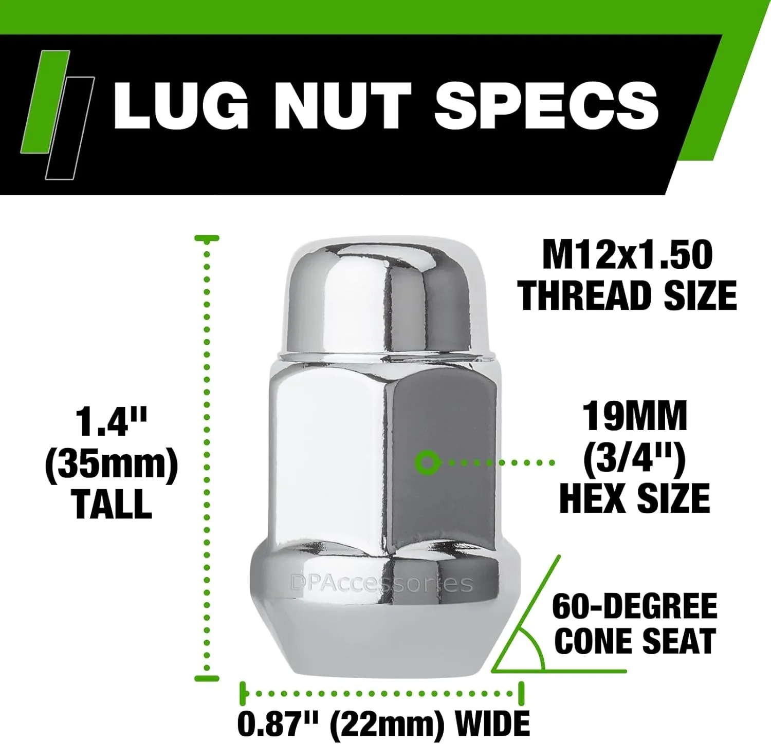 DPAccessories Chrome M12x1.50 Lug Nuts | Closed End Bulge Acorn | 36mm (1.4") Tall | 19mm (3/4") Hex | Set of 16 | D3116-HT-2305/16