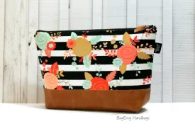 Floral Stripe with Vegan Leather - Large Make Up Bag / Diaper Clutch / Bridesmaid Gift