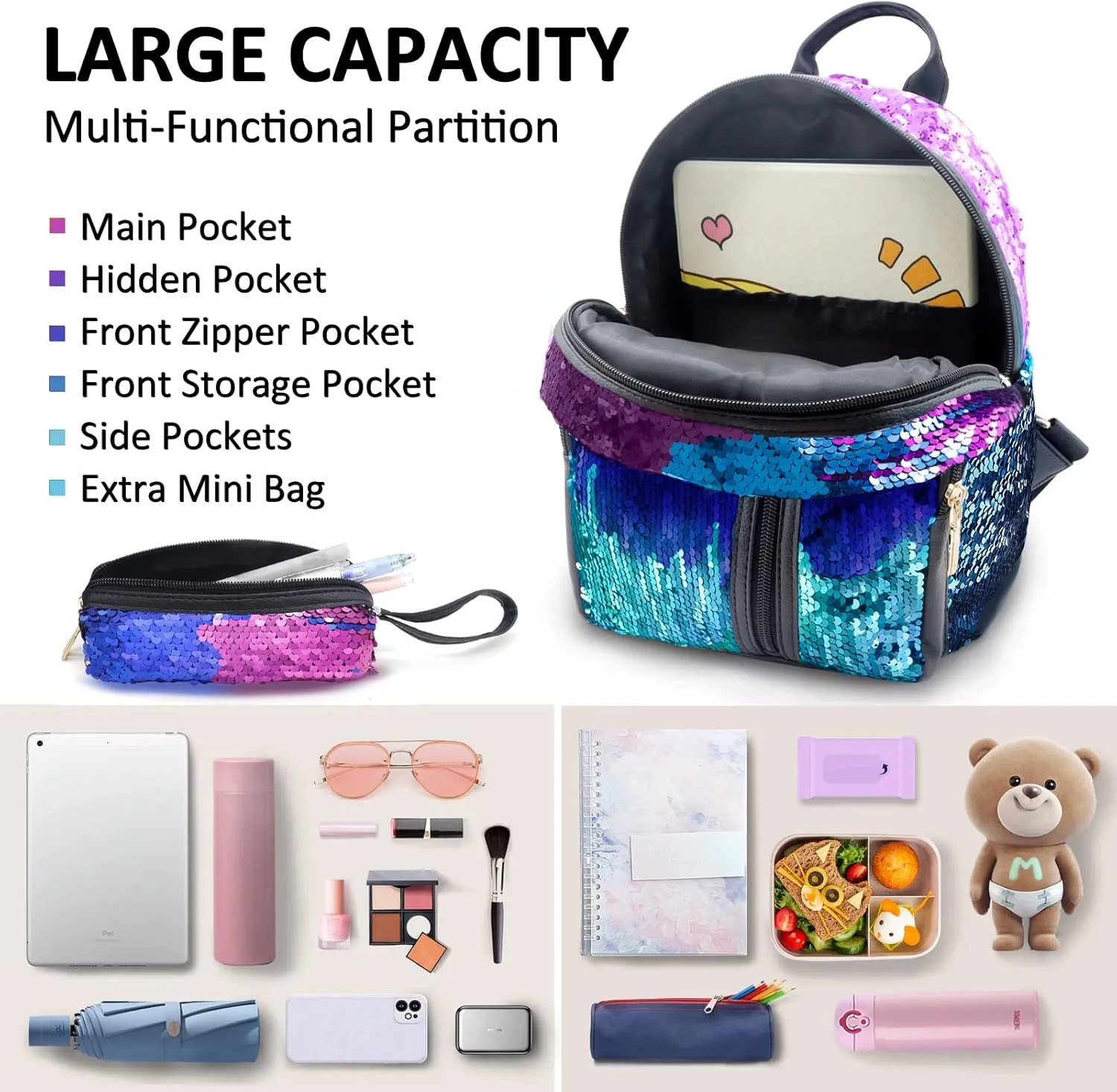 Fmeida Girls Mini Backpack Sequin Bookbag Cute Daypacks Purse for Kids Christmas Gift - Blue&Purple