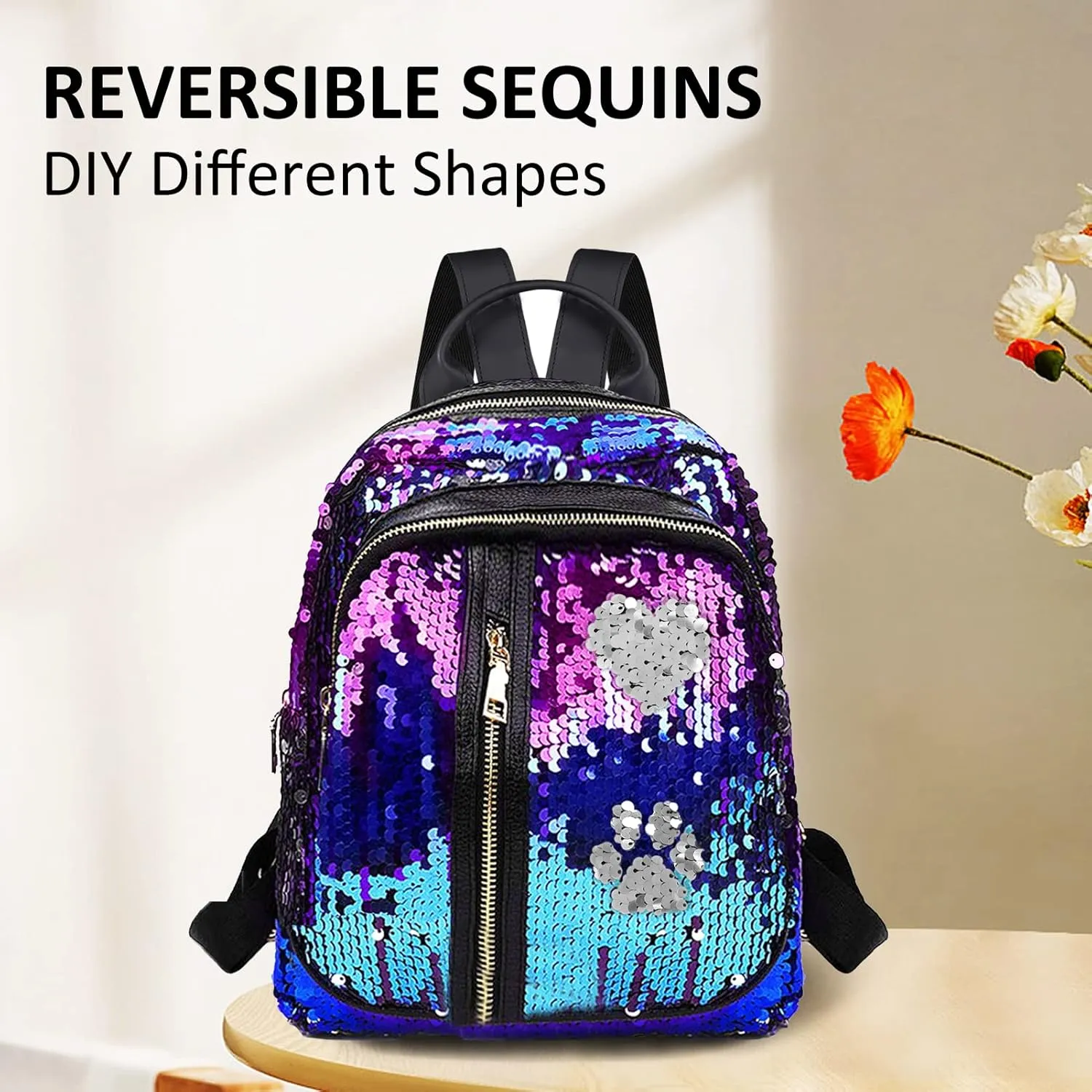 Fmeida Girls Mini Backpack Sequin Bookbag Cute Daypacks Purse for Kids Christmas Gift - Blue&Purple