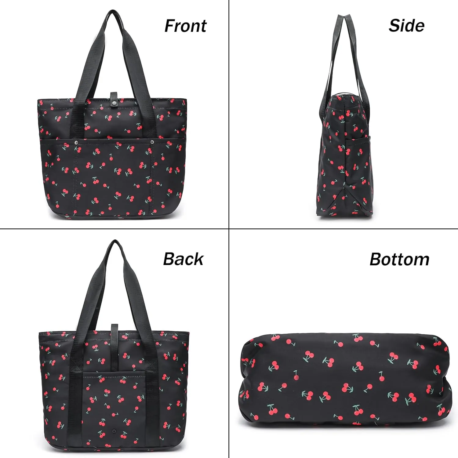 Foldable Floral Tote Bag for Women Nylon Travel Handbag with Zipper Cherry Print Purse Daily Commuter Bag for Work