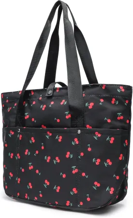 Foldable Floral Tote Bag for Women Nylon Travel Handbag with Zipper Cherry Print Purse Daily Commuter Bag for Work