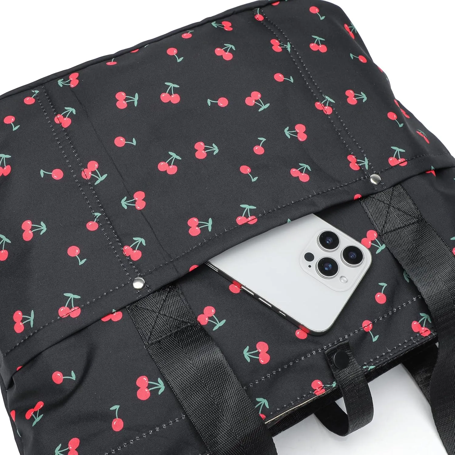 Foldable Floral Tote Bag for Women Nylon Travel Handbag with Zipper Cherry Print Purse Daily Commuter Bag for Work