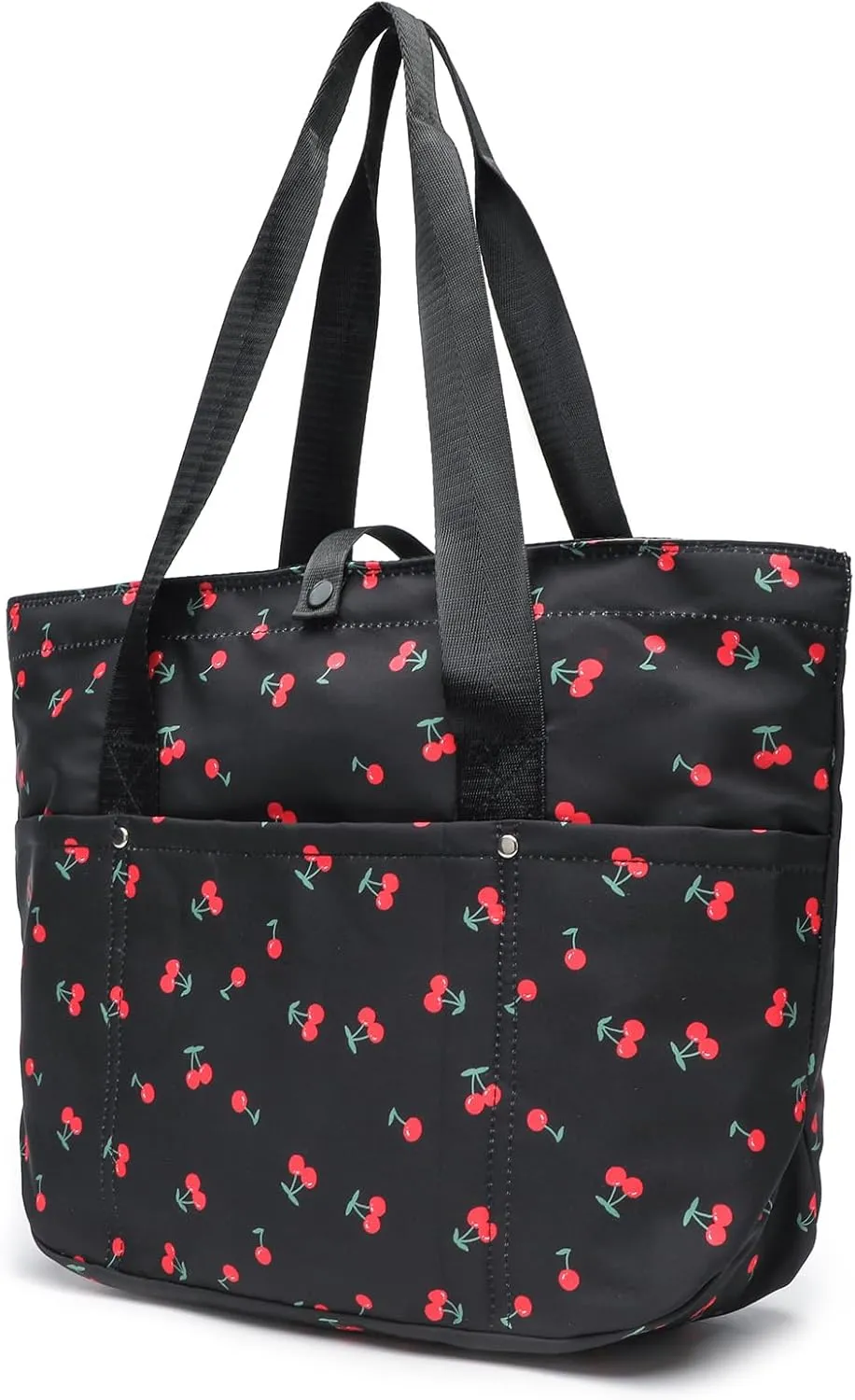 Foldable Floral Tote Bag for Women Nylon Travel Handbag with Zipper Cherry Print Purse Daily Commuter Bag for Work