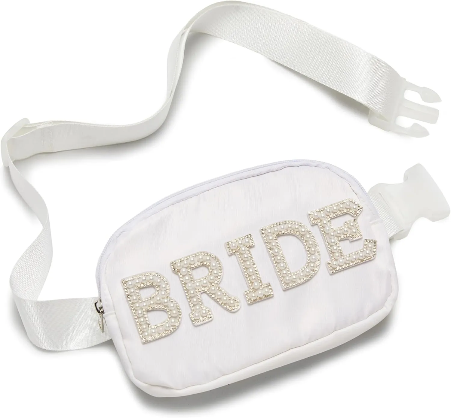 Funky Junque Bride Fanny Pack with Pearl Lettering | White Belt Bag Crossbody for Bachelorette Party, Bridal Shower, Engagement Gift & Travel - Bride (White)
