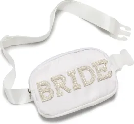 Funky Junque Bride Fanny Pack with Pearl Lettering | White Belt Bag Crossbody for Bachelorette Party, Bridal Shower, Engagement Gift & Travel - Bride (White)