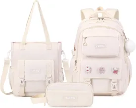 Girls Backpack, 3pcs Sets Kids Backpack for Girls with Anti-theft Back Pocket, Lightweight School Bookpack Water Resistant Tote Bag with Pencil case for Elementary Primary School, Beige