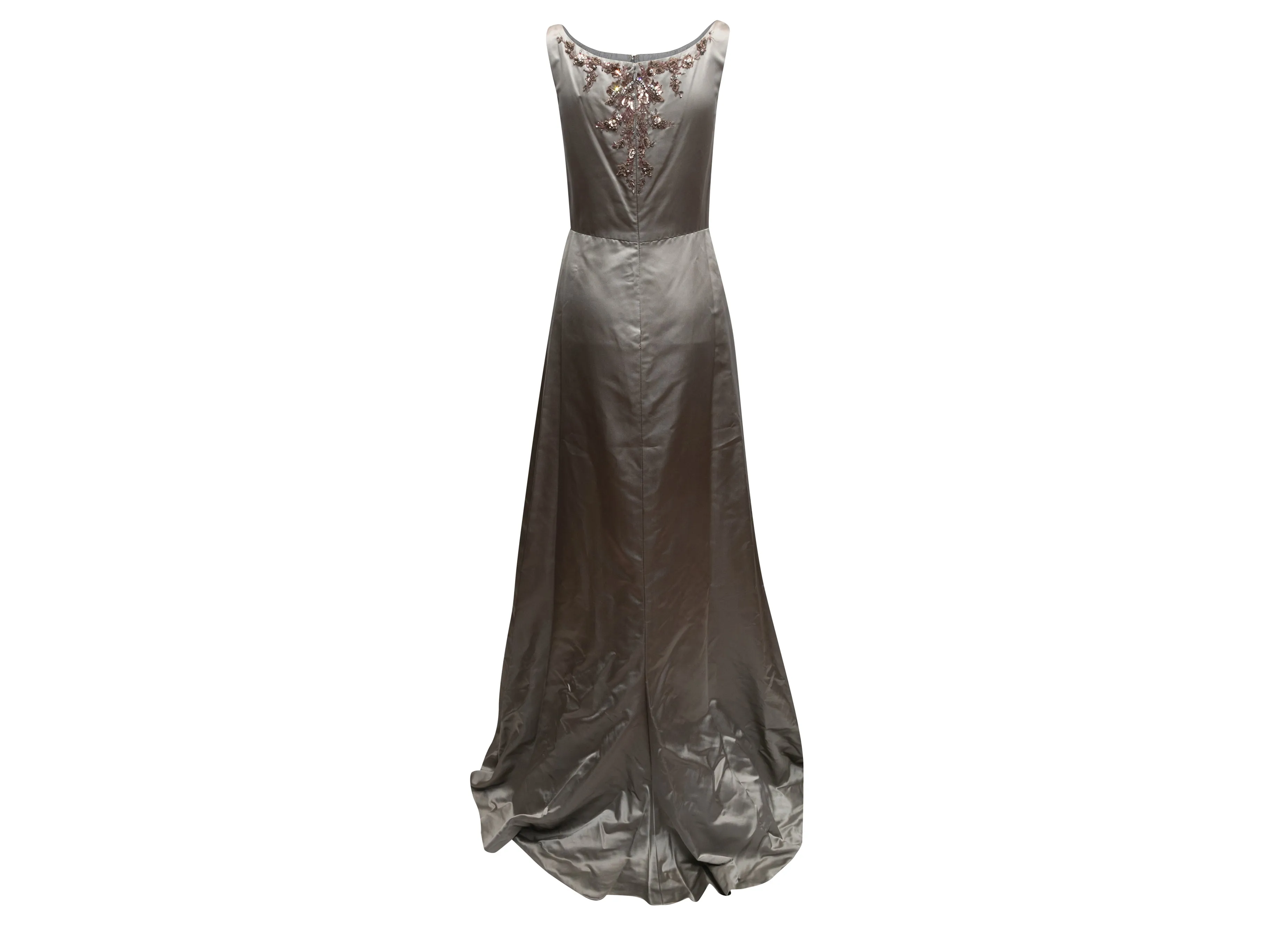 Grey Reem Acra Silk Embellished Sleeveless Evening Gown Size US S