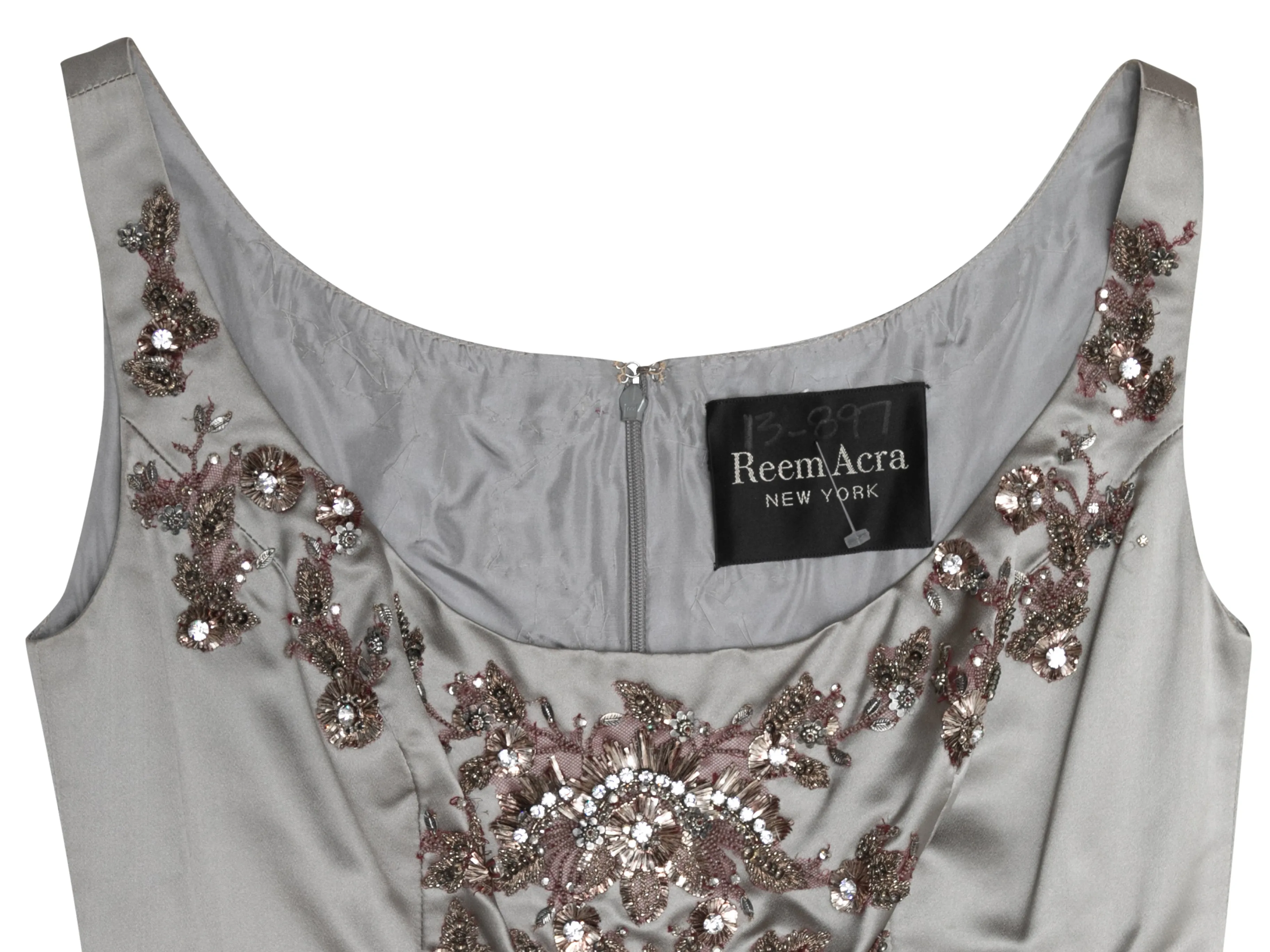 Grey Reem Acra Silk Embellished Sleeveless Evening Gown Size US S