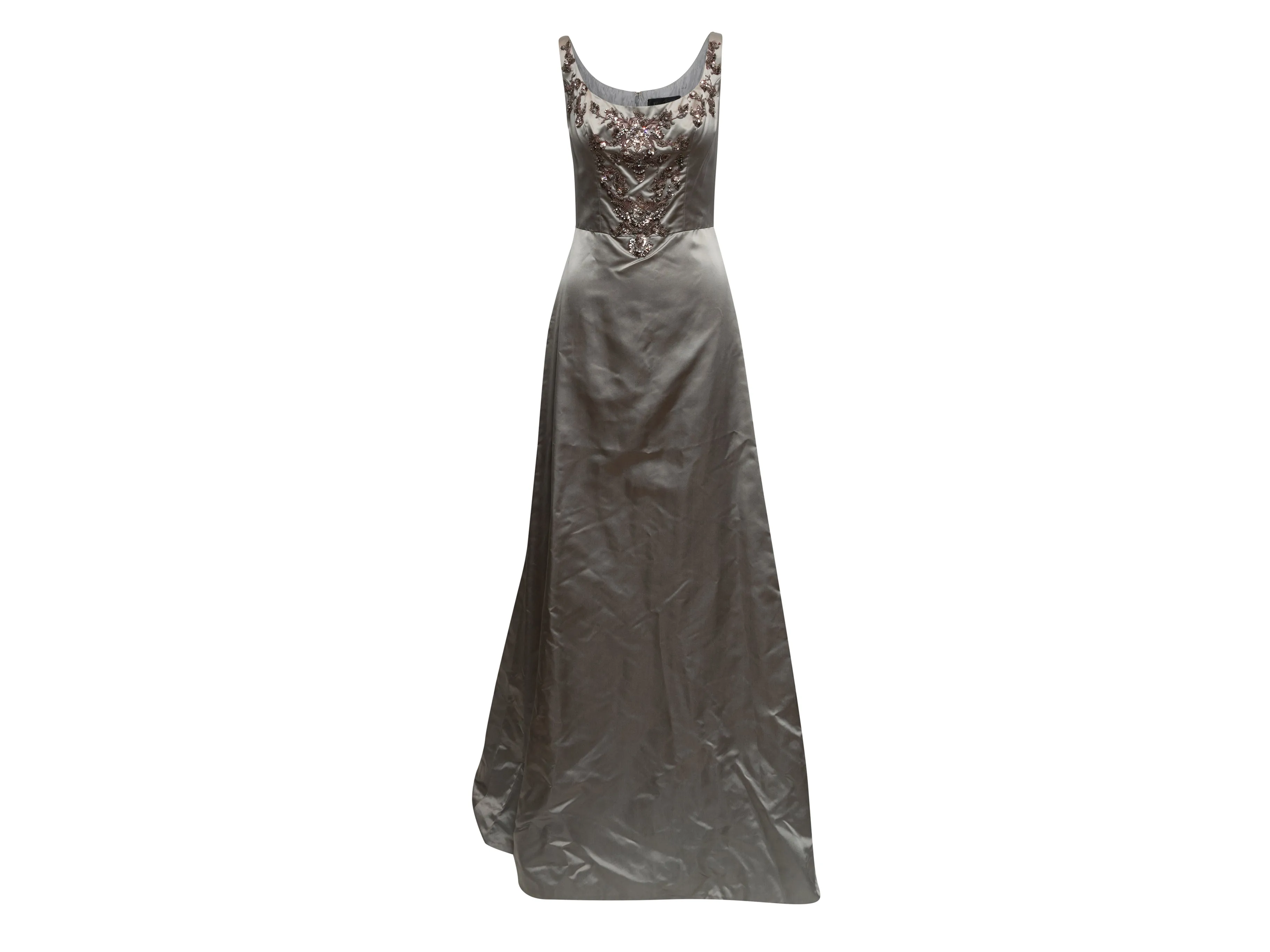 Grey Reem Acra Silk Embellished Sleeveless Evening Gown Size US S