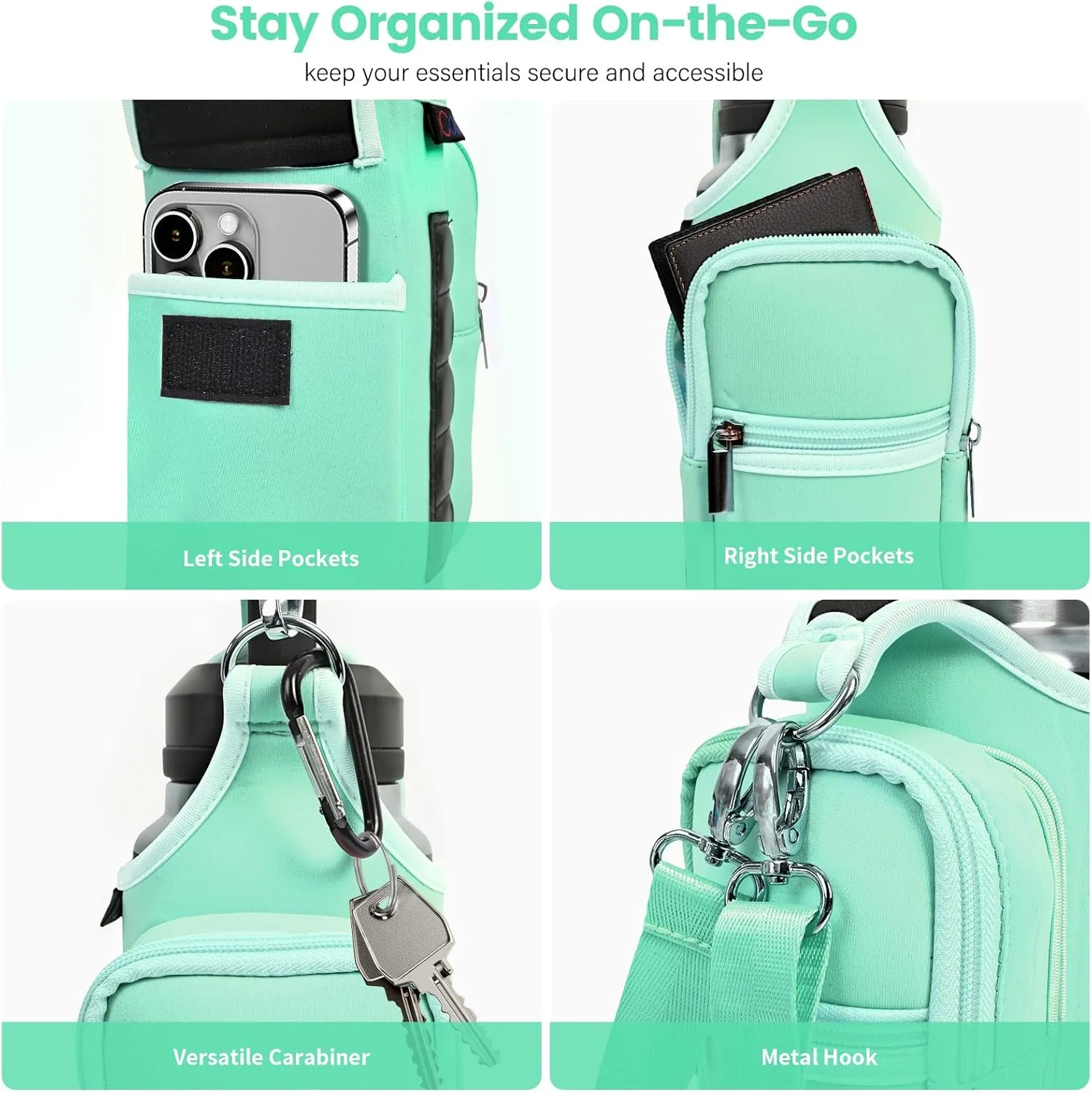 icolor Magnetic Gym Bag Water Bottle Carrier Holder with Phone Pockets & Shoulder Strap,5 Built-in Magnets Gym Bottle Pouch Sleeve,Magnetic Bag Gym Accessories Organizer for Men Women