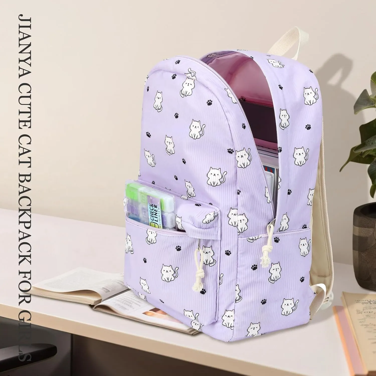 JIANYA Girls Backpack for School, Elementary Kids Backpack with Lunch box Cute Cat School Bag for Girl, Purple