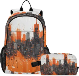 Kids Backpack Circuit Board City Orange School Bookbag with Lunch Bag for Boys Girls Preschool Kindergarten Elementary Laptop Daypack