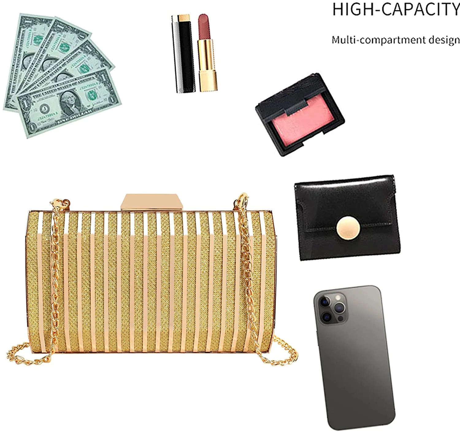 Lattice Pattern Gold Metal Chain Handbag Evening Clutch Purse