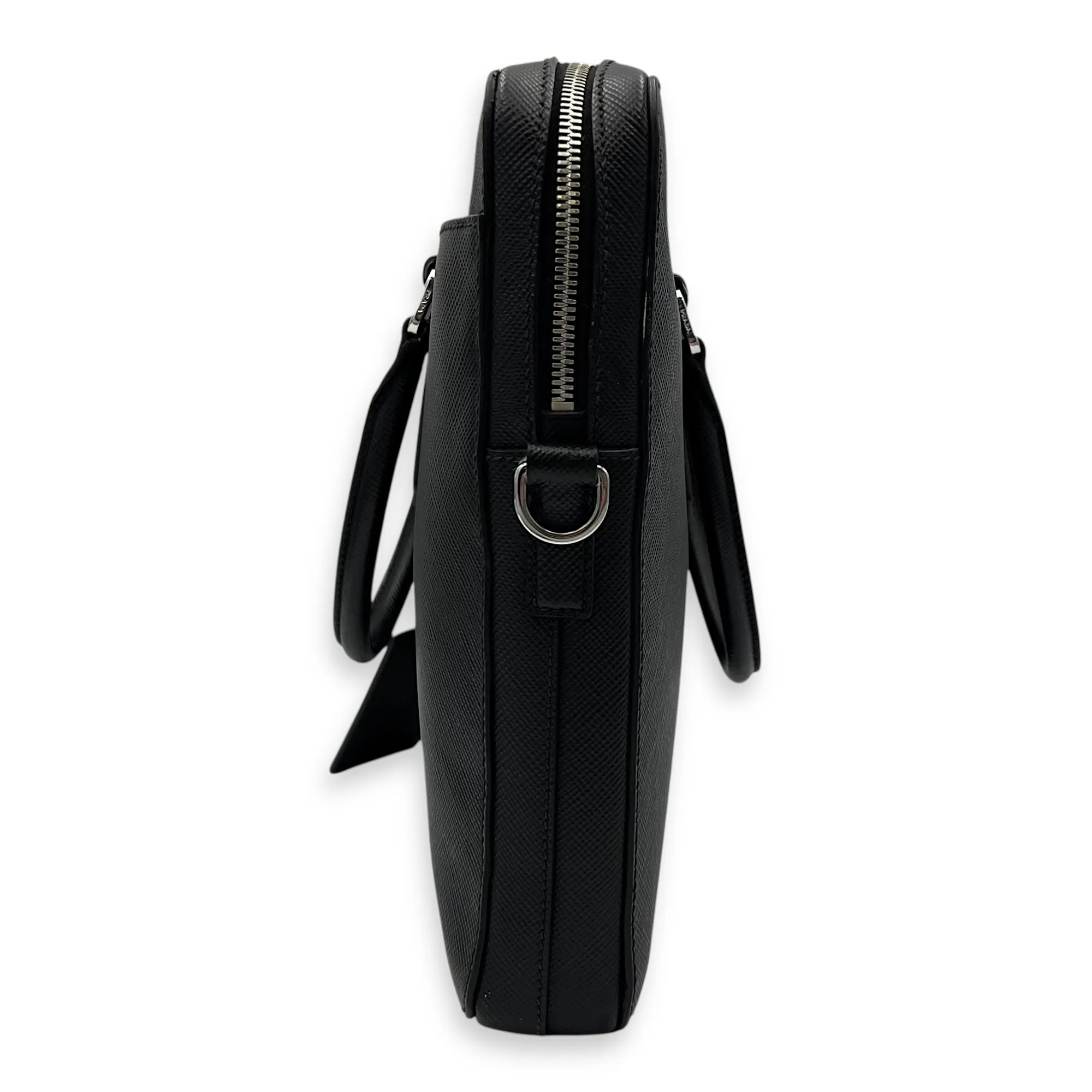 Logo Black Briefcase in Saffiano Leather, Silver hardware