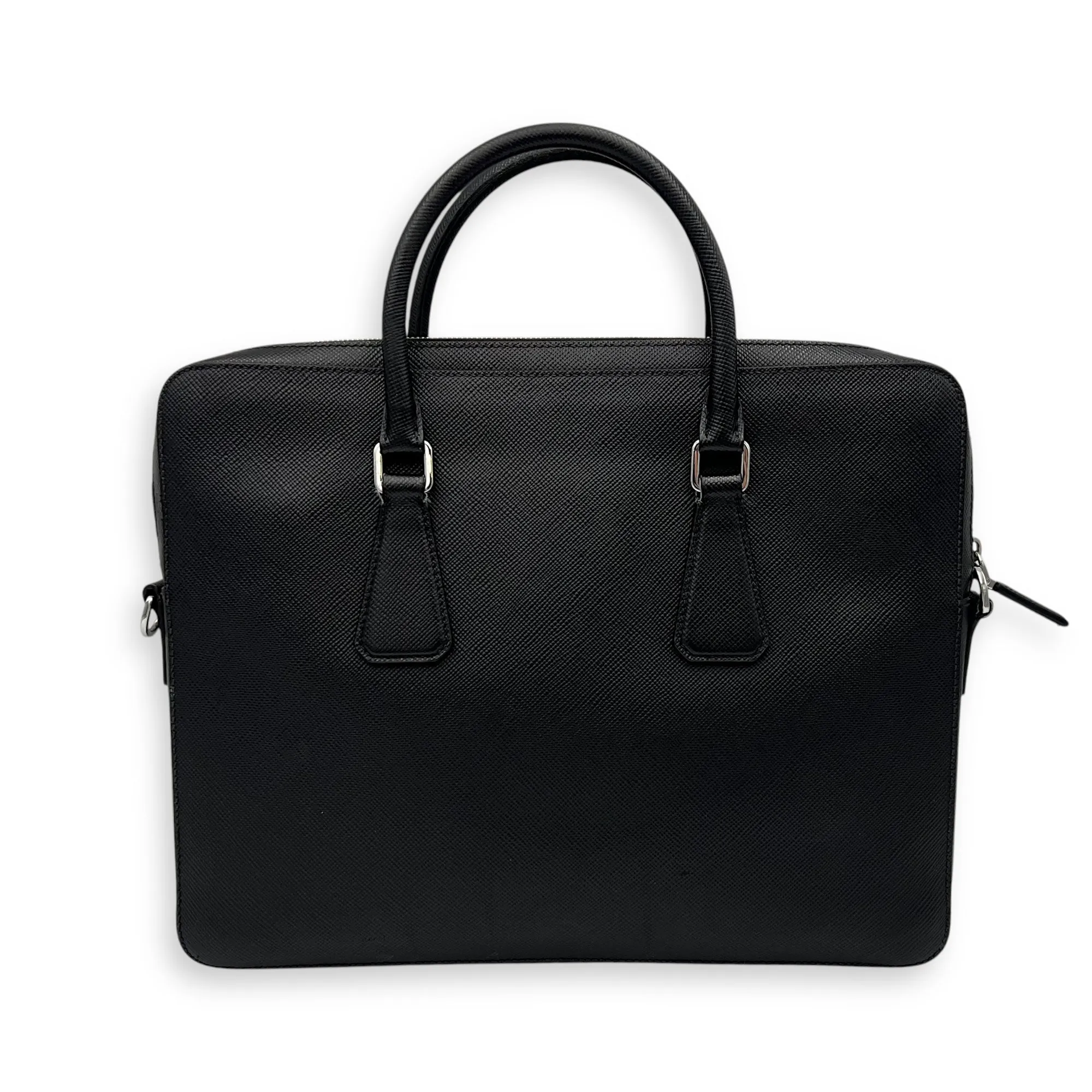 Logo Black Briefcase in Saffiano Leather, Silver hardware
