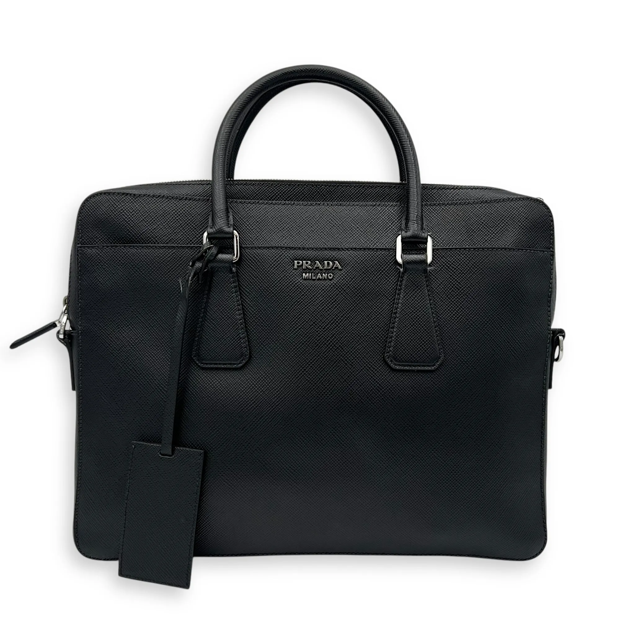 Logo Black Briefcase in Saffiano Leather, Silver hardware