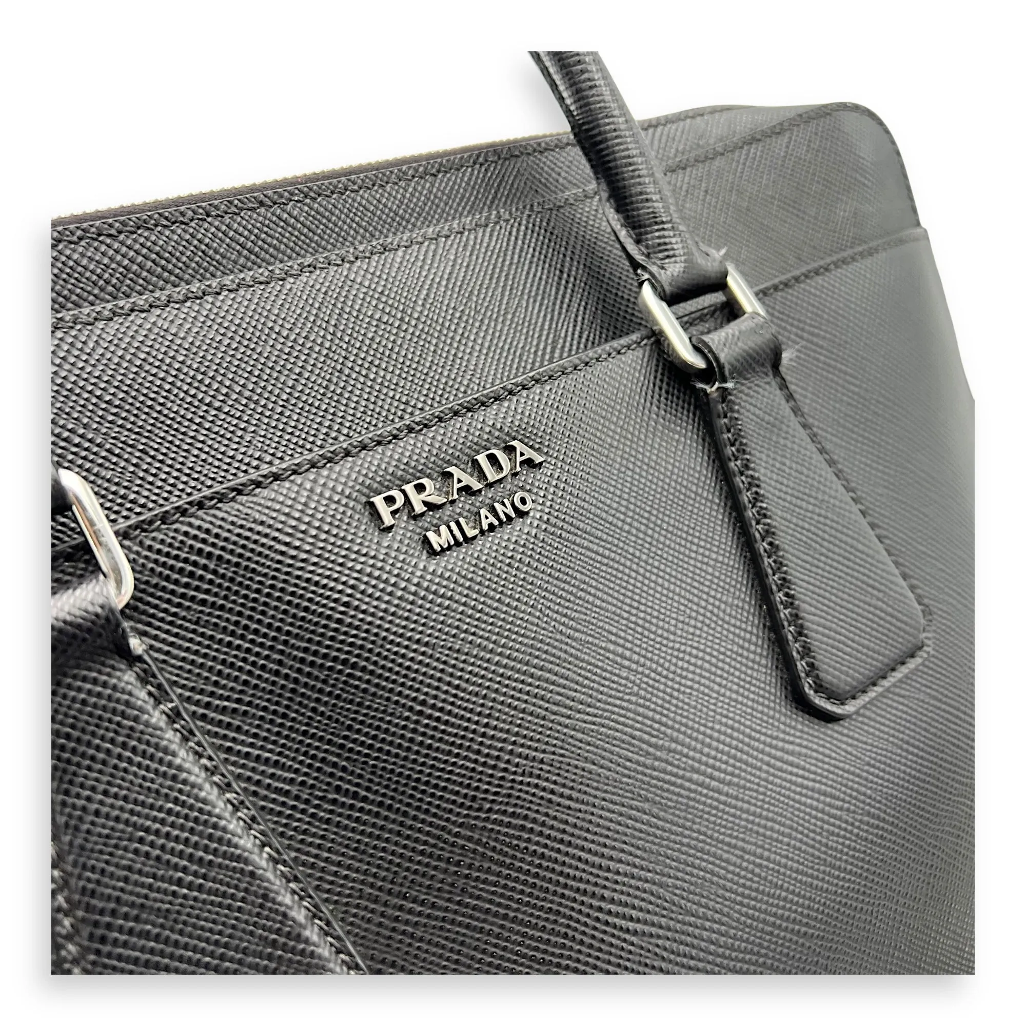 Logo Black Briefcase in Saffiano Leather, Silver hardware