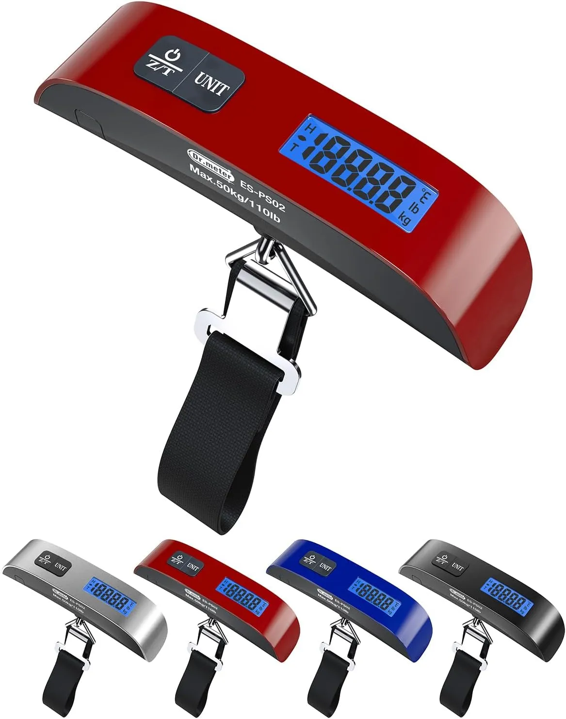 Luggage Scale, Dr.meter Luggage Weight Scale Backlight LCD Display PS02 110lb/50kg Electronic Balance Digital Postal Travel Accessories with Rubber Paint Handle Temperature Sensor, Red