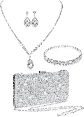 Mixweer 4 Pieces Clutch Purses Bag for Women Evening Rhinestone Jewelry Set Bling Necklace Earrings Bracelets Set for Wedding