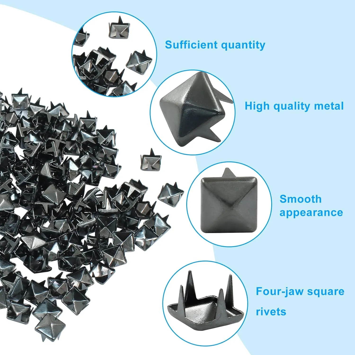 Moicstiy 200 Pcs 7mm Metal Punk Spikes Spots, Metallic Black Pyramid Studs Four-Jaw Square Rivets for Leather, Clothing, Bag