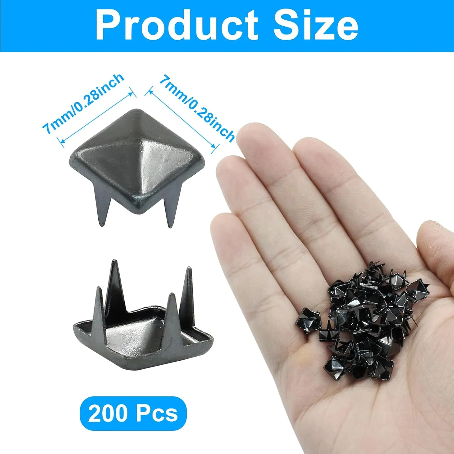 Moicstiy 200 Pcs 7mm Metal Punk Spikes Spots, Metallic Black Pyramid Studs Four-Jaw Square Rivets for Leather, Clothing, Bag