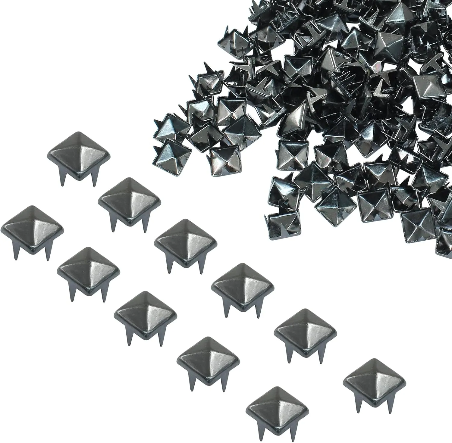 Moicstiy 200 Pcs 7mm Metal Punk Spikes Spots, Metallic Black Pyramid Studs Four-Jaw Square Rivets for Leather, Clothing, Bag