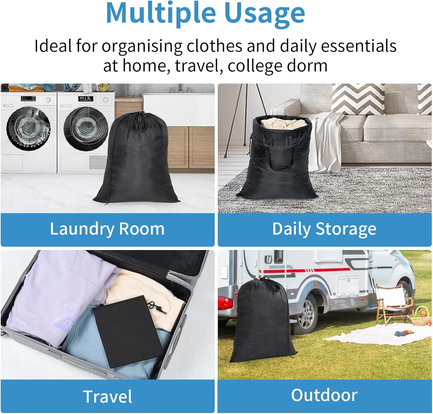OTraki 28 x 35inch Laundry Bag with Handle 2 Pack Camping Laundry Wash Bag Extra Large for Dirty Clothes Washable Portable Reusable Home Laundry Hamper Bag Black