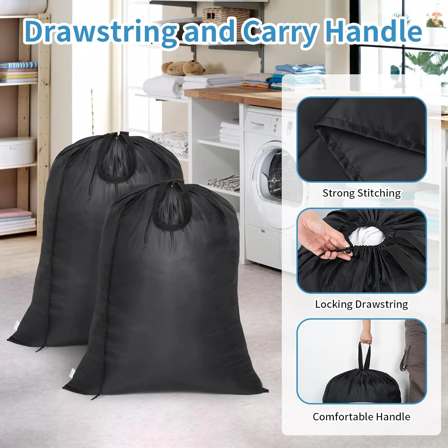 OTraki 28 x 35inch Laundry Bag with Handle 2 Pack Camping Laundry Wash Bag Extra Large for Dirty Clothes Washable Portable Reusable Home Laundry Hamper Bag Black
