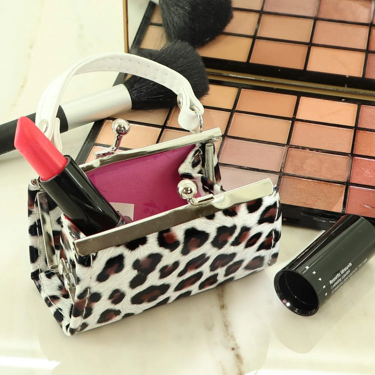 SandT Collection Leopard Colorful Lipstick Case with Handle Mini Purse - White