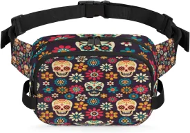 Sugar Skulls Flowers Fanny Pack Durable with Adjustable Belt Main Zippered Pocket Lightweight Waterproof Belt Bag for Travel Sports Workout Hiking Phone Bag