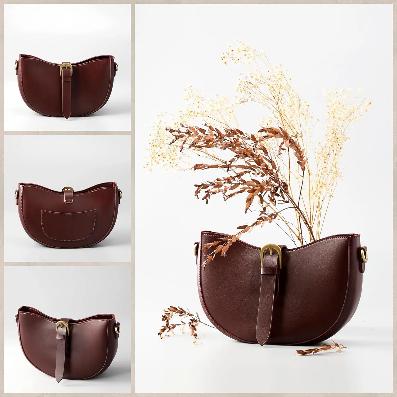 SUNLIGHT LEAVES Vintage Vegan Leather Shoulder Crescent Bag Women Retro Lunar Purse Hobo Satchel Under Arm Purse Lady Handbag