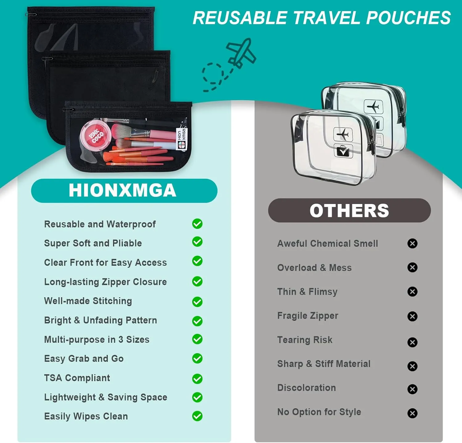 TSA Approved Toiletry Bag, Set of 3 Clear Travel Toiletry Bag Quart Size Zipper Travel Pouch, Waterproof Makeup Cosmetic Bag for Women Men Kids Toiletries Carry on, Black