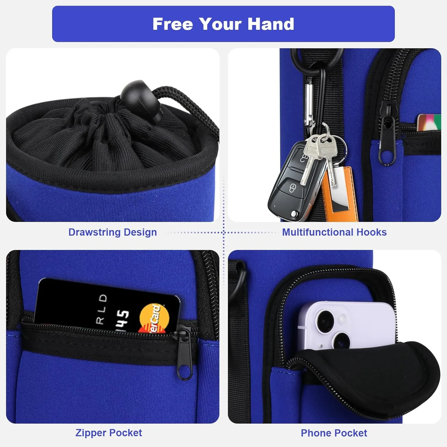 Water Bottle Holder with Strap, Water Bottle Carrier Bag with Phone Pocket, Shoulder Hand Strap Insulated Neoprene 32/40 oz Water Bottle Sleeve for Walking Hiking Camping Gym