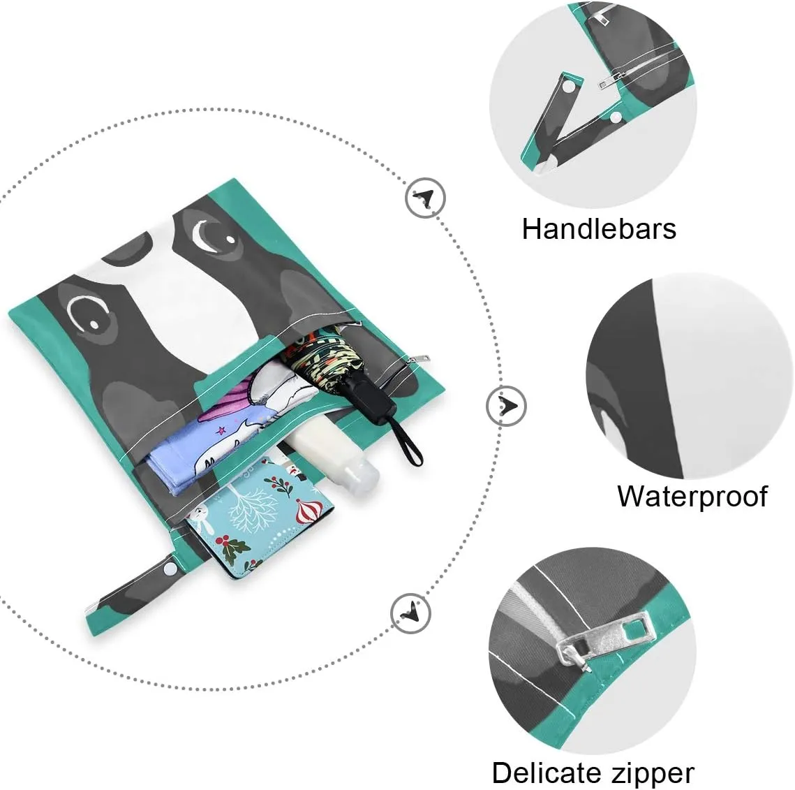 Waterproof Wet Dry Bag 2 Pack Boston Terrier Dog Cloth Diaper Bag Organizer Pouch Set with Zipper Pocket Washable Wet Bag for Travel Hiking Swimsuit