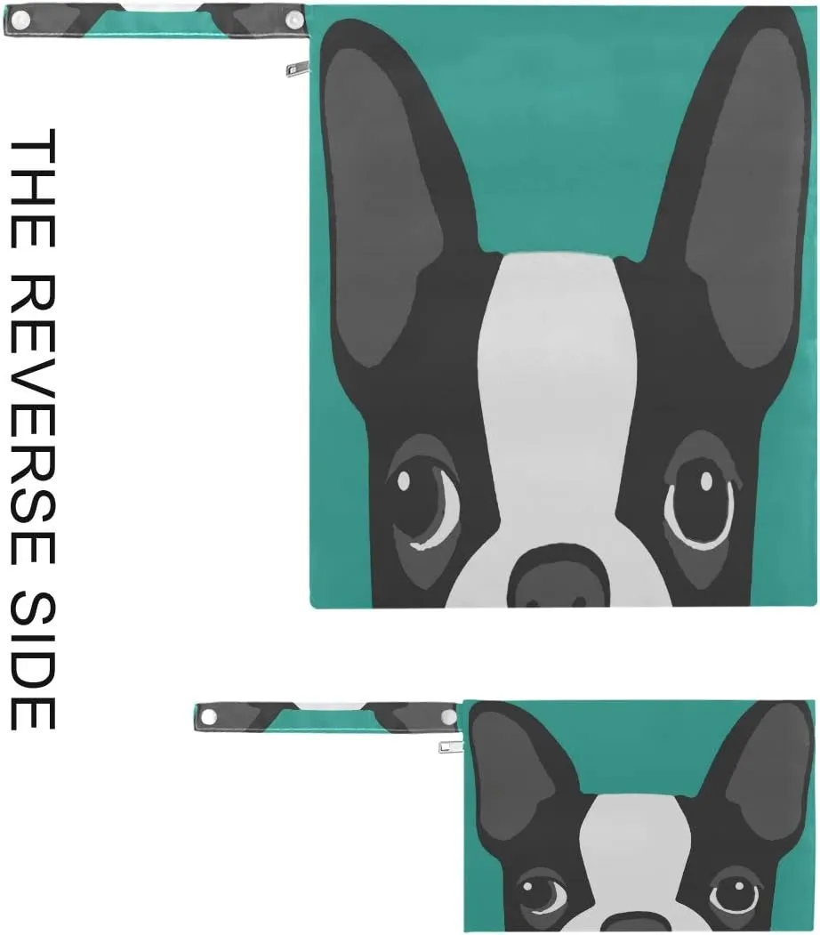 Waterproof Wet Dry Bag 2 Pack Boston Terrier Dog Cloth Diaper Bag Organizer Pouch Set with Zipper Pocket Washable Wet Bag for Travel Hiking Swimsuit
