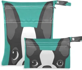 Waterproof Wet Dry Bag 2 Pack Boston Terrier Dog Cloth Diaper Bag Organizer Pouch Set with Zipper Pocket Washable Wet Bag for Travel Hiking Swimsuit