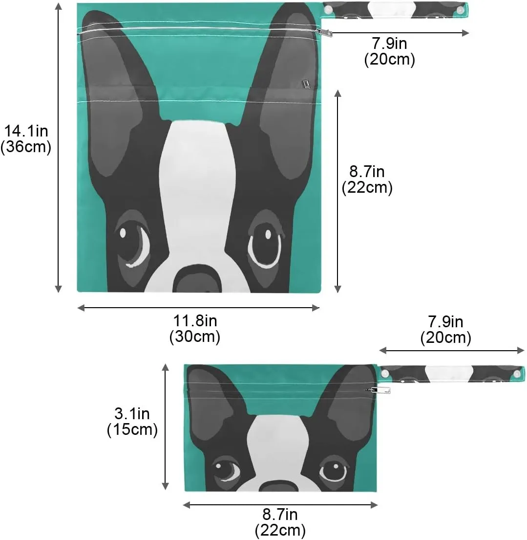 Waterproof Wet Dry Bag 2 Pack Boston Terrier Dog Cloth Diaper Bag Organizer Pouch Set with Zipper Pocket Washable Wet Bag for Travel Hiking Swimsuit