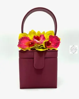 Wine Silk Square Box Bag with chartreuse yellow flowers